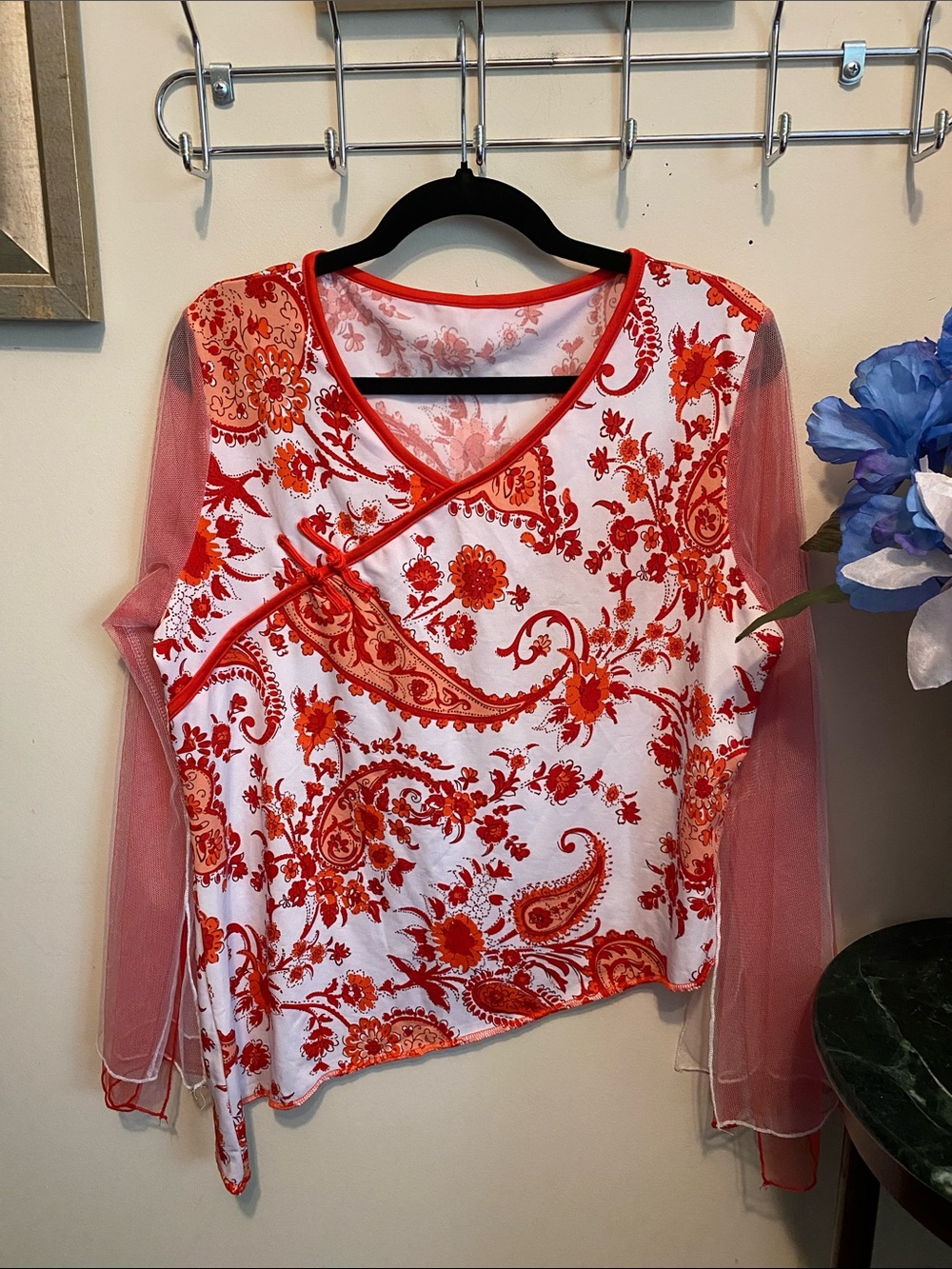 No Brand Red Paisley Mesh-Sleeve Wrap Top No size. Please See Measurements.